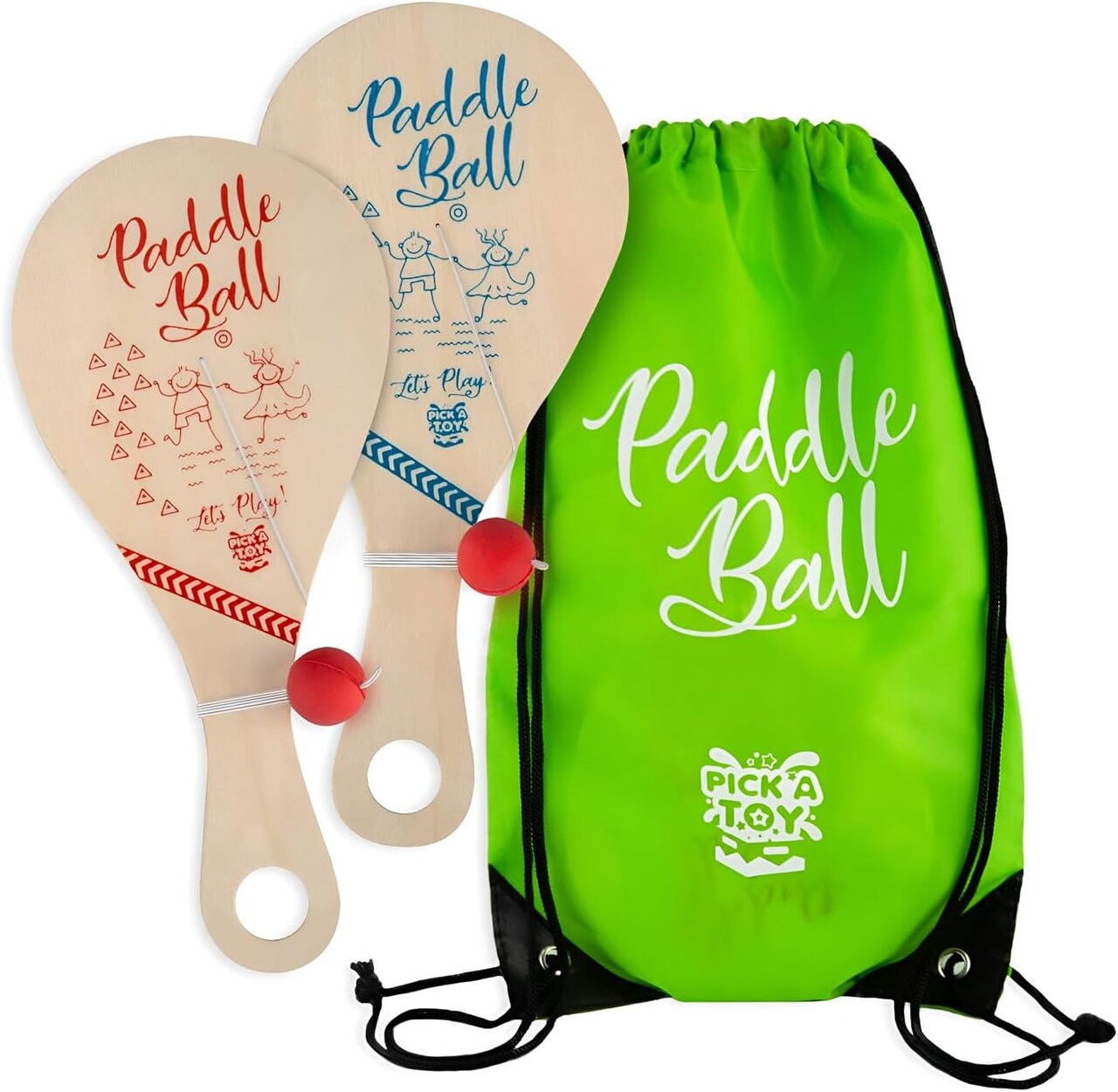 Wooden Paddle Ball Toy with String (Set of 2) with Green Carry Bag